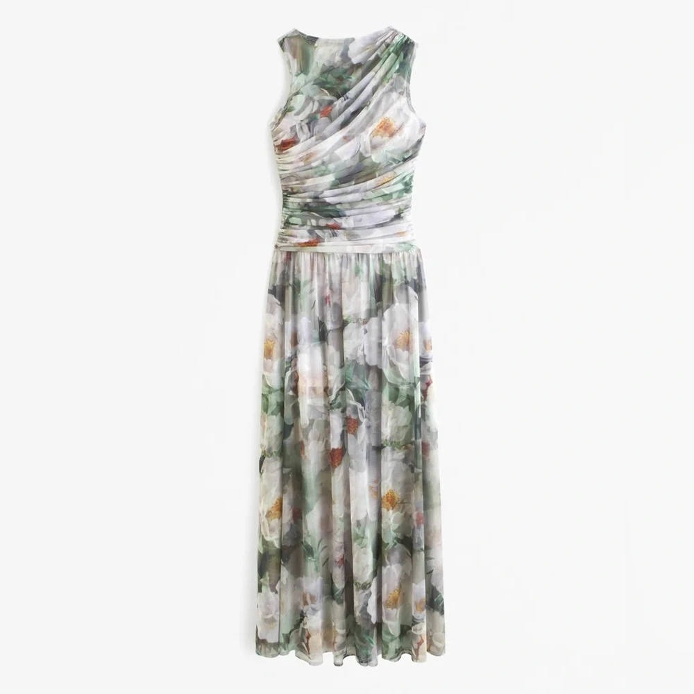 Abercrombie Sheer Mesh High-Neck Drop-Waist Maxi Dress Green Floral XS